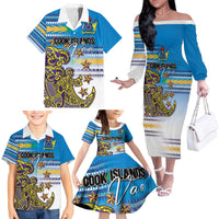 Personalised Cook Islands Va'a Race Family Matching Off The Shoulder Long Sleeve Dress and Hawaiian Shirt Te Tatau Tattoos Sporty Style Glory Blue Color - Polynesian Pride