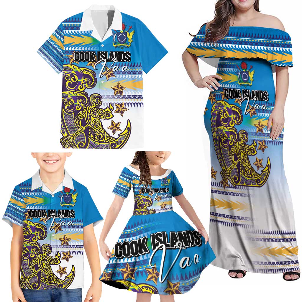 Personalised Cook Islands Va'a Race Family Matching Off Shoulder Maxi Dress and Hawaiian Shirt Te Tatau Tattoos Sporty Style Glory Blue Color - Polynesian Pride