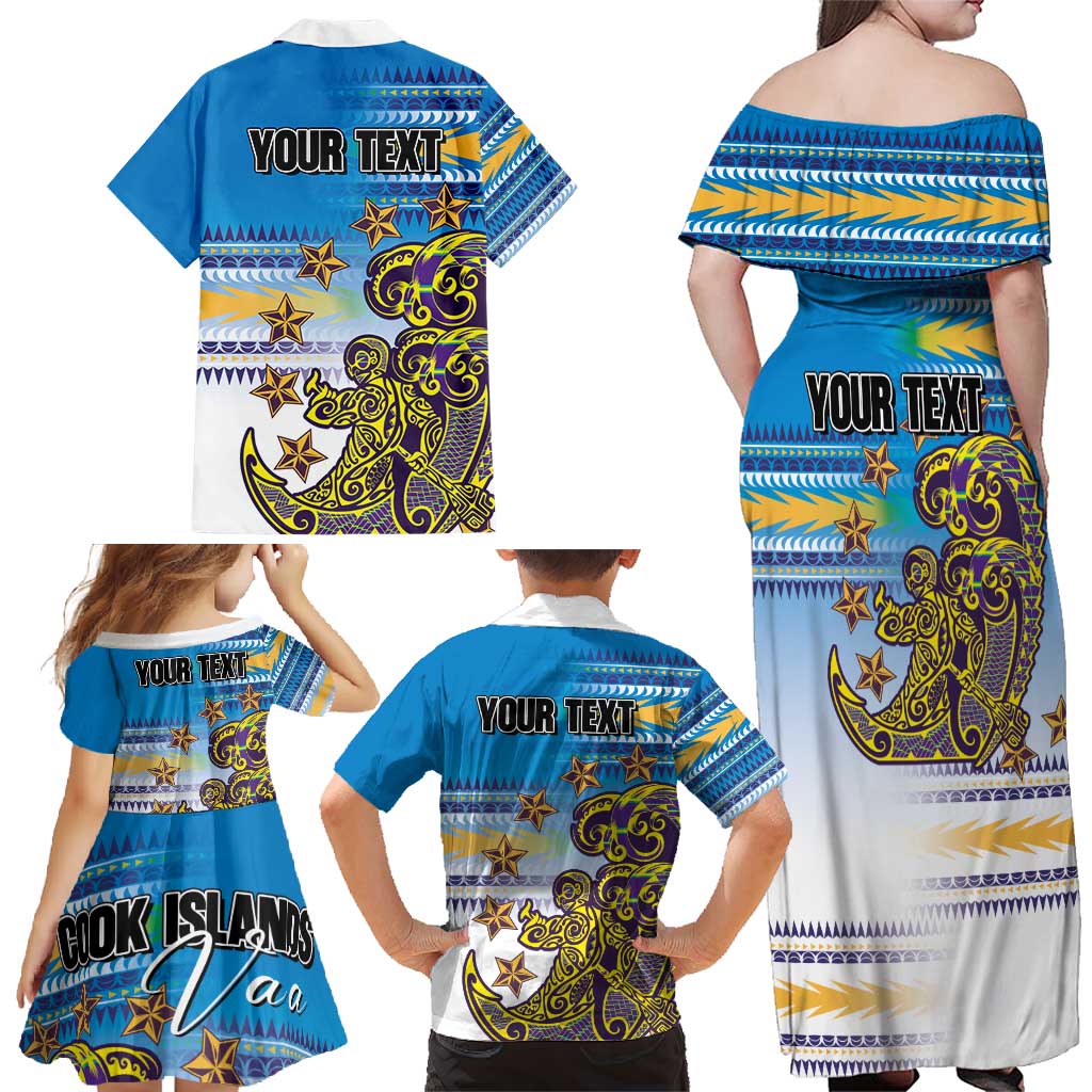 Personalised Cook Islands Va'a Race Family Matching Off Shoulder Maxi Dress and Hawaiian Shirt Te Tatau Tattoos Sporty Style Glory Blue Color - Polynesian Pride