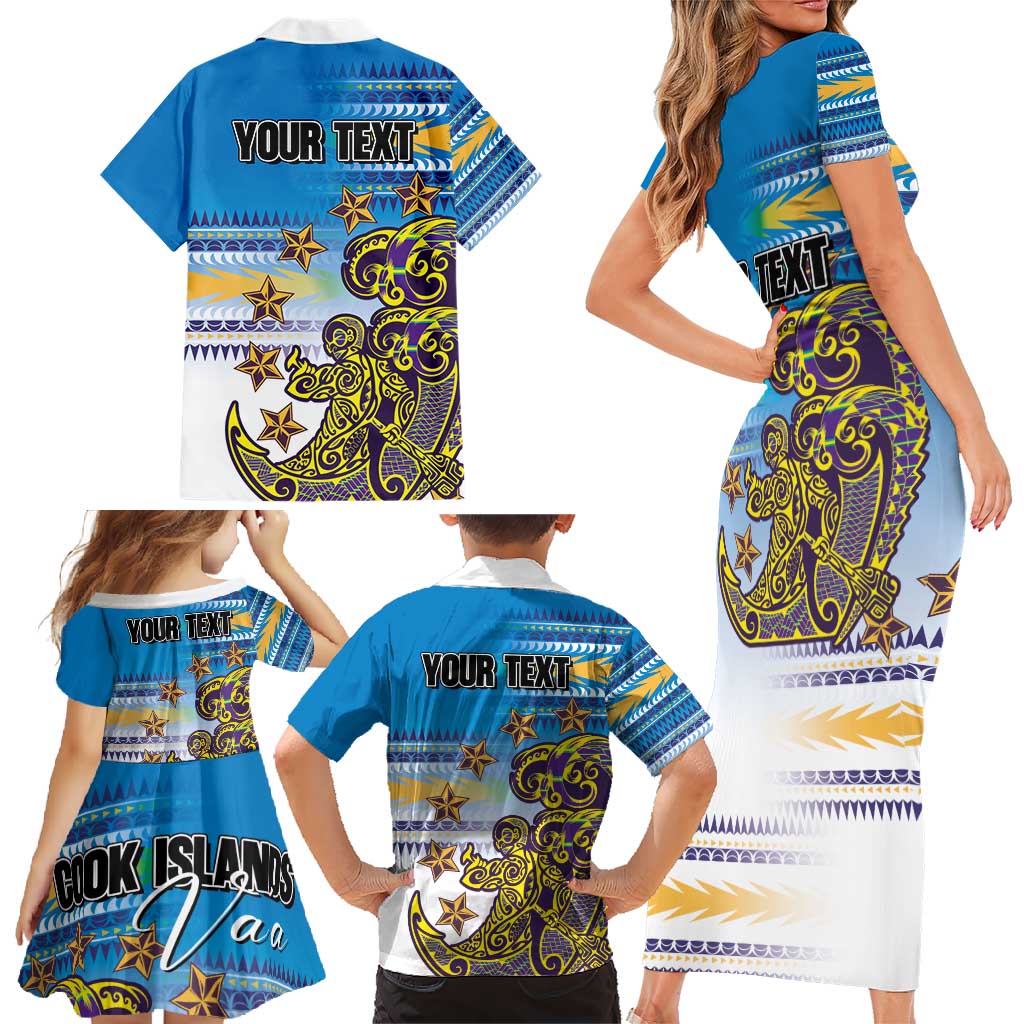Personalised Cook Islands Va'a Race Family Matching Short Sleeve Bodycon Dress and Hawaiian Shirt Te Tatau Tattoos Sporty Style Glory Blue Color - Polynesian Pride