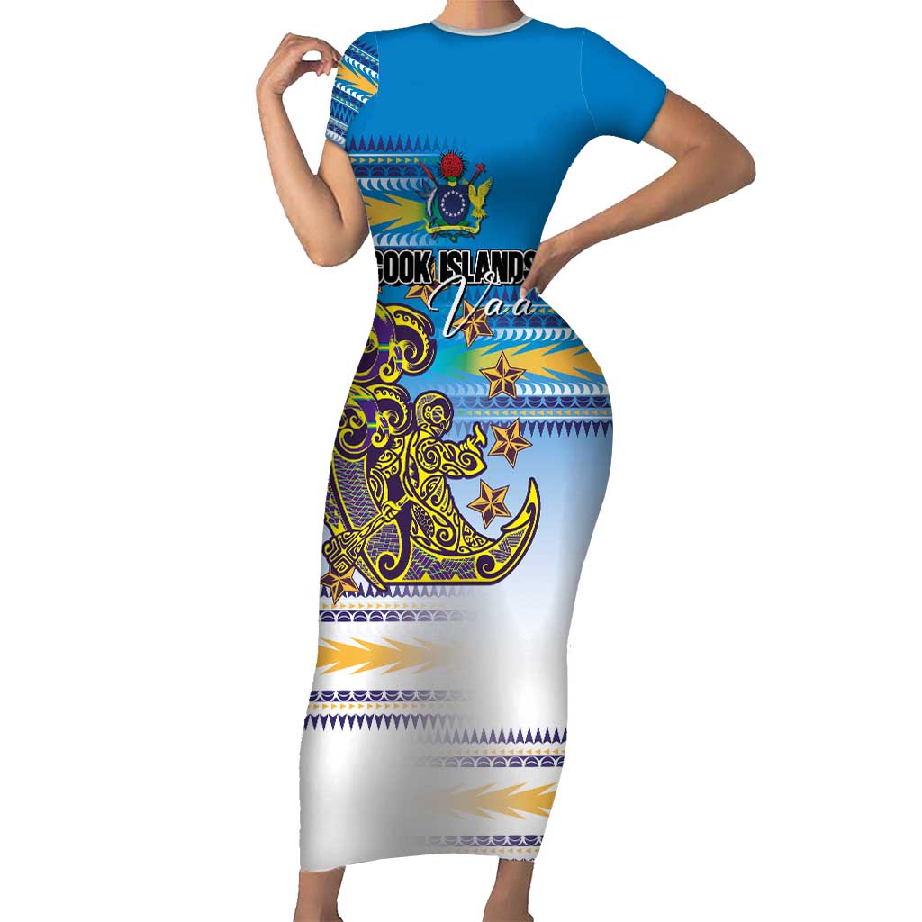 Personalised Cook Islands Va'a Race Family Matching Short Sleeve Bodycon Dress and Hawaiian Shirt Te Tatau Tattoos Sporty Style Glory Blue Color - Polynesian Pride