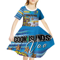 Personalised Cook Islands Va'a Race Kid Short Sleeve Dress Te Tatau Tattoos Sporty Style Glory Blue Color - Polynesian Pride