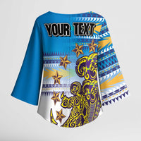 Personalised Cook Islands Va'a Race Kimono Sleeve Blouse Te Tatau Tattoos Sporty Style Glory Blue Color - Polynesian Pride