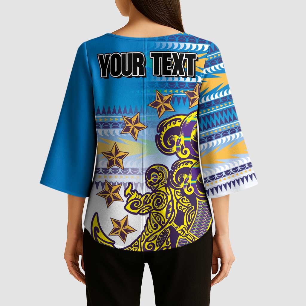 Personalised Cook Islands Va'a Race Kimono Sleeve Blouse Te Tatau Tattoos Sporty Style Glory Blue Color - Polynesian Pride