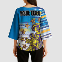 Personalised Cook Islands Va'a Race Kimono Sleeve Blouse Te Tatau Tattoos Sporty Style Glory Blue Color - Polynesian Pride