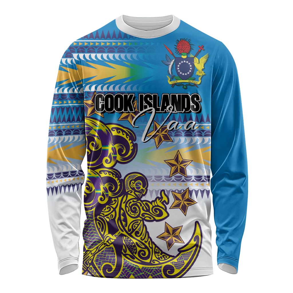 Personalised Cook Islands Va'a Race Long Sleeve Shirt Te Tatau Tattoos Sporty Style Glory Blue Color - Polynesian Pride