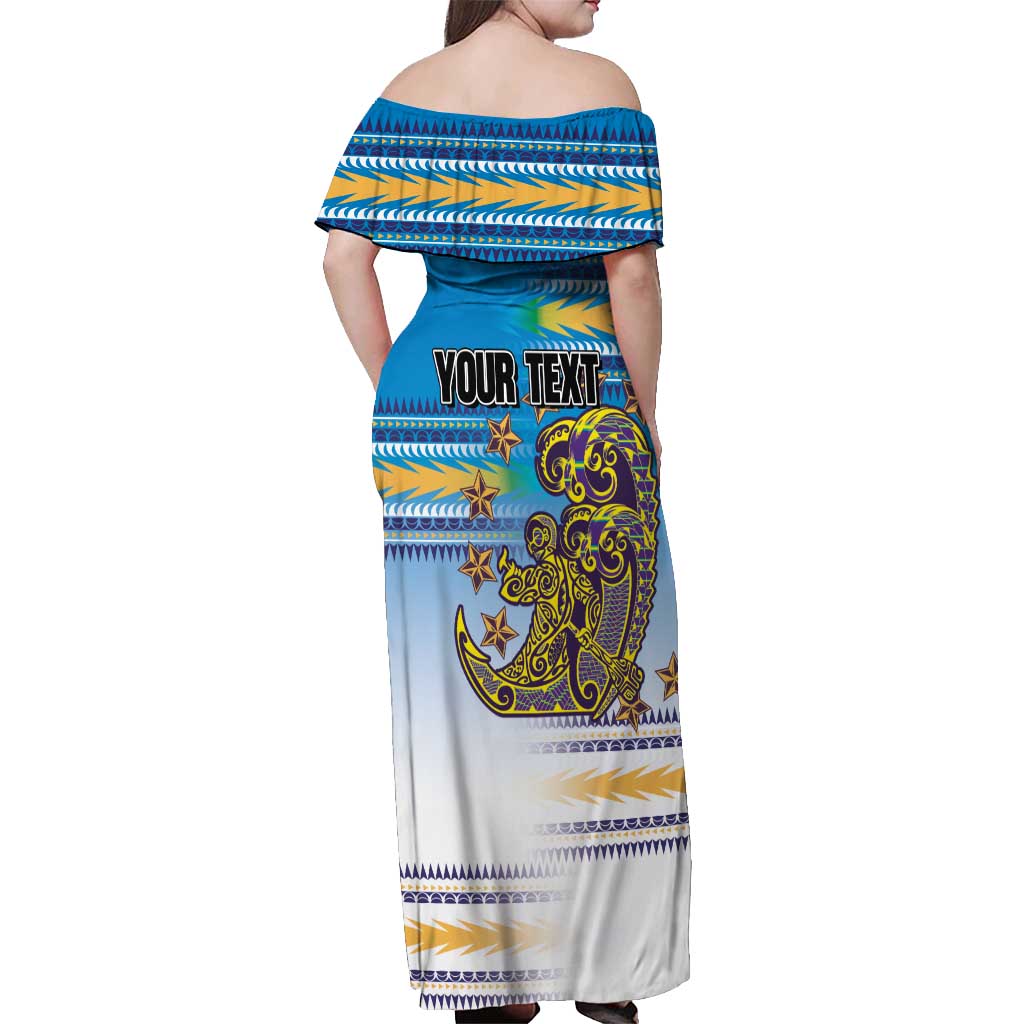 Personalised Cook Islands Va'a Race Off Shoulder Maxi Dress Te Tatau Tattoos Sporty Style Glory Blue Color - Polynesian Pride