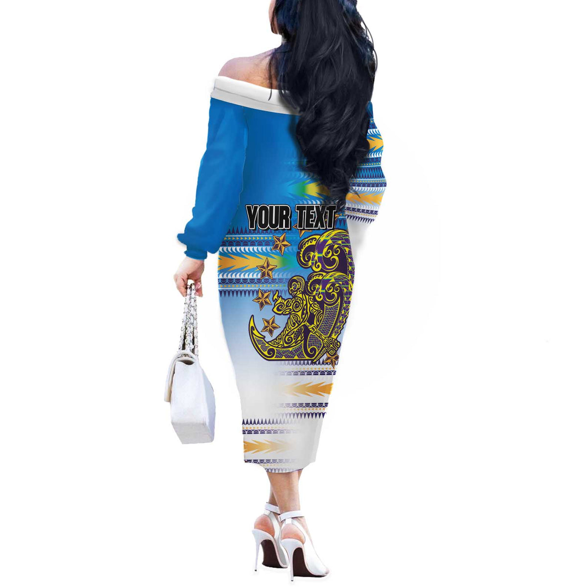 Personalised Cook Islands Va'a Race Off The Shoulder Long Sleeve Dress Te Tatau Tattoos Sporty Style Glory Blue Color - Polynesian Pride