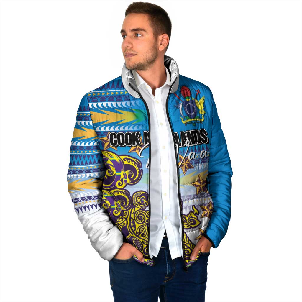 Personalised Cook Islands Va'a Race Padded Jacket Te Tatau Tattoos Sporty Style Glory Blue Color - Polynesian Pride