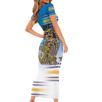 Personalised Cook Islands Va'a Race Short Sleeve Bodycon Dress Te Tatau Tattoos Sporty Style Glory Blue Color - Polynesian Pride