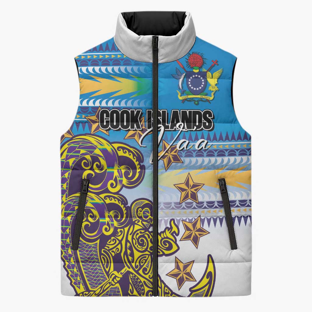 Personalised Cook Islands Va'a Race Sleeveless Puffer Jacket Te Tatau Tattoos Sporty Style Glory Blue Color - Polynesian Pride