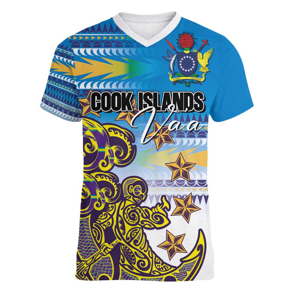 Personalised Cook Islands Va'a Race Women V-Neck T-Shirt Te Tatau Tattoos Sporty Style Glory Blue Color - Polynesian Pride