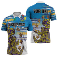 Personalised Cook Islands Va'a Race Zipper Polo Shirt Te Tatau Tattoos Sporty Style Glory Blue Color - Polynesian Pride