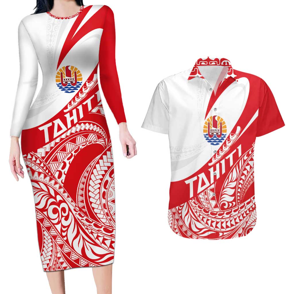 Personalised Tahiti Va'a Race Couples Matching Long Sleeve Bodycon Dress and Hawaiian Shirt Polynesian Tattoos Sporty Style - Polynesian Pride