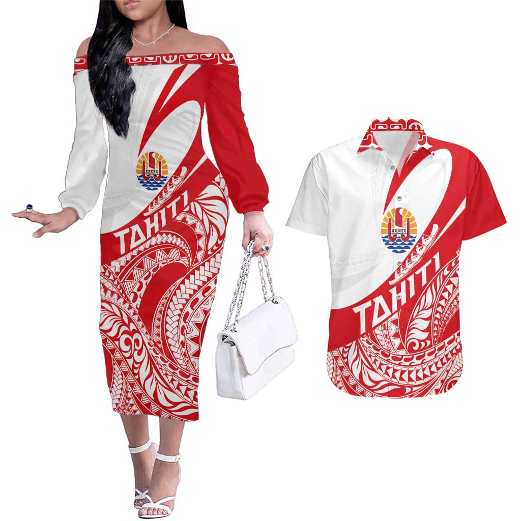 Personalised Tahiti Va'a Race Couples Matching Off The Shoulder Long Sleeve Dress and Hawaiian Shirt Polynesian Tattoos Sporty Style - Polynesian Pride