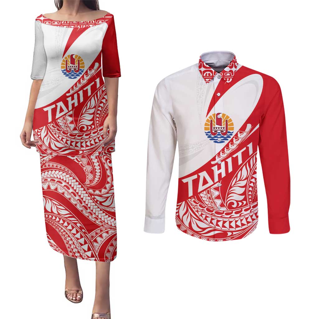 Personalised Tahiti Va'a Race Couples Matching Puletasi and Long Sleeve Button Shirt Polynesian Tattoos Sporty Style - Polynesian Pride