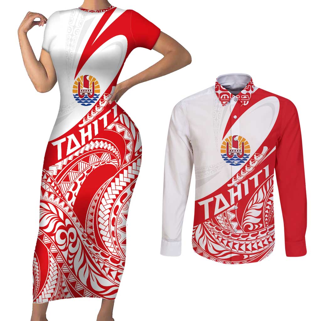 Personalised Tahiti Va'a Race Couples Matching Short Sleeve Bodycon Dress and Long Sleeve Button Shirt Polynesian Tattoos Sporty Style - Polynesian Pride