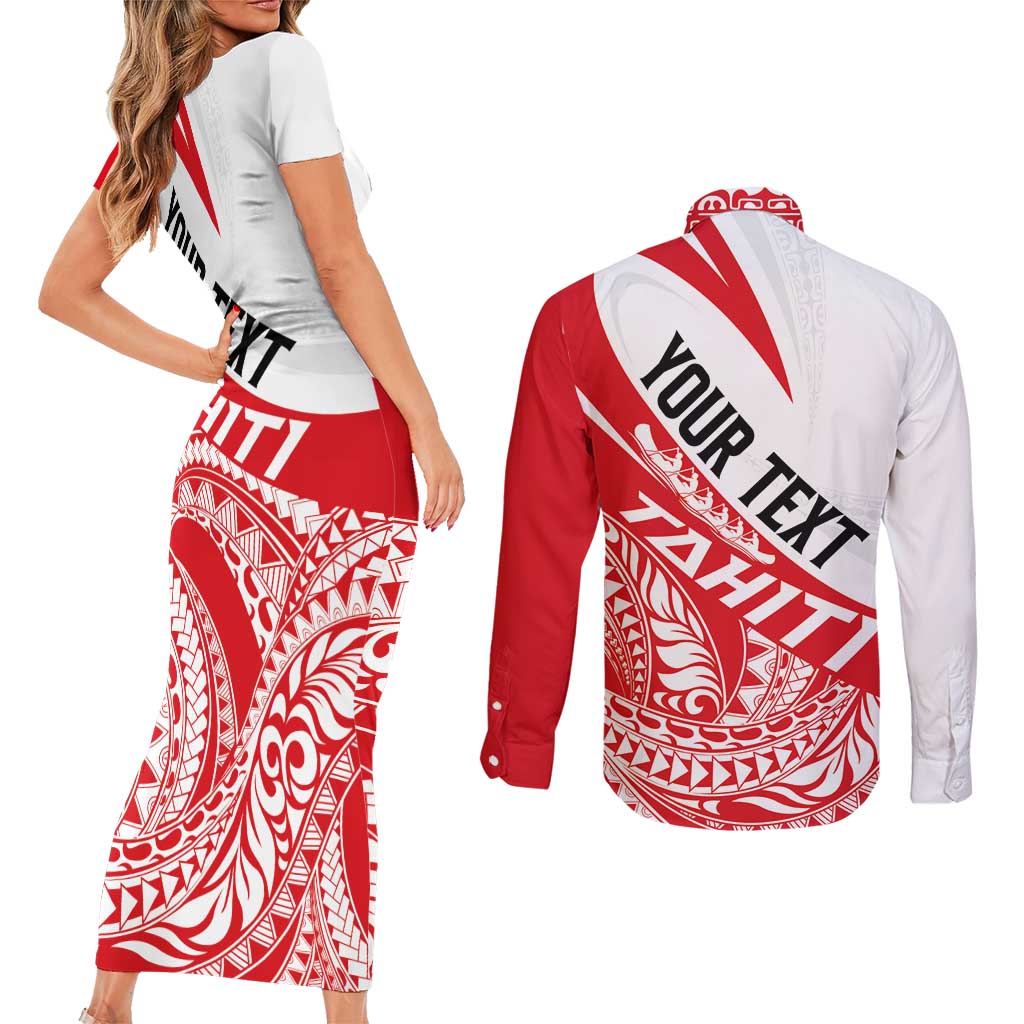 Personalised Tahiti Va'a Race Couples Matching Short Sleeve Bodycon Dress and Long Sleeve Button Shirt Polynesian Tattoos Sporty Style - Polynesian Pride