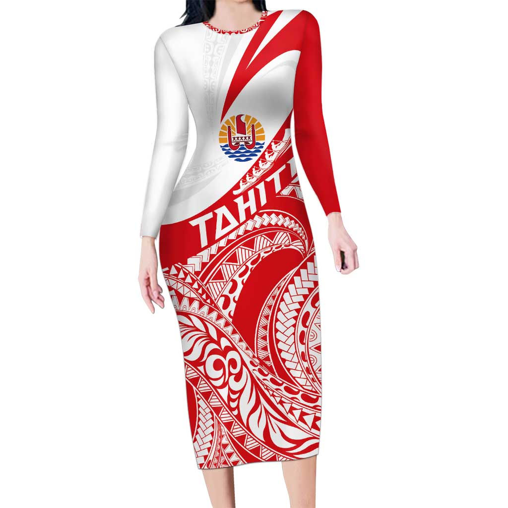 Personalised Tahiti Va'a Race Long Sleeve Bodycon Dress Polynesian Tattoos Sporty Style - Polynesian Pride