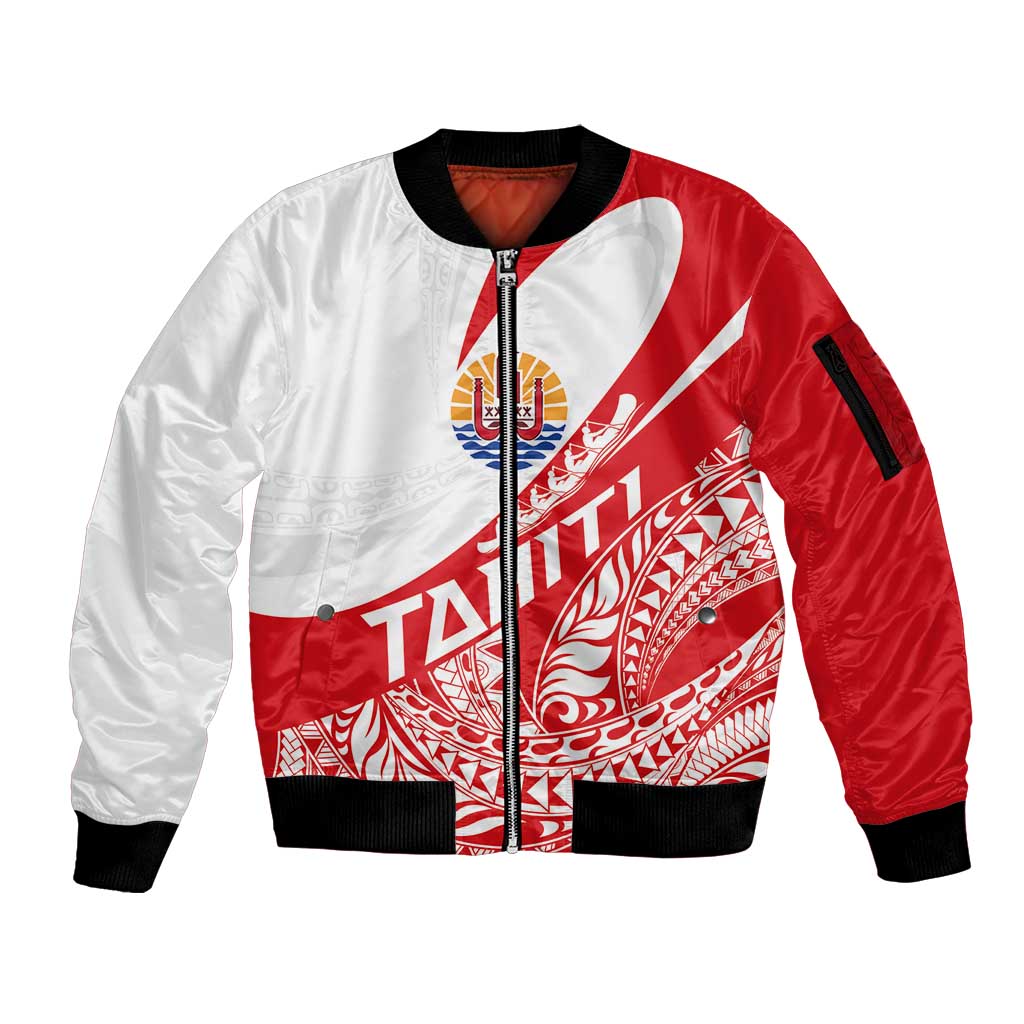 Personalised Tahiti Va'a Race Sleeve Zip Bomber Jacket Polynesian Tattoos Sporty Style - Polynesian Pride