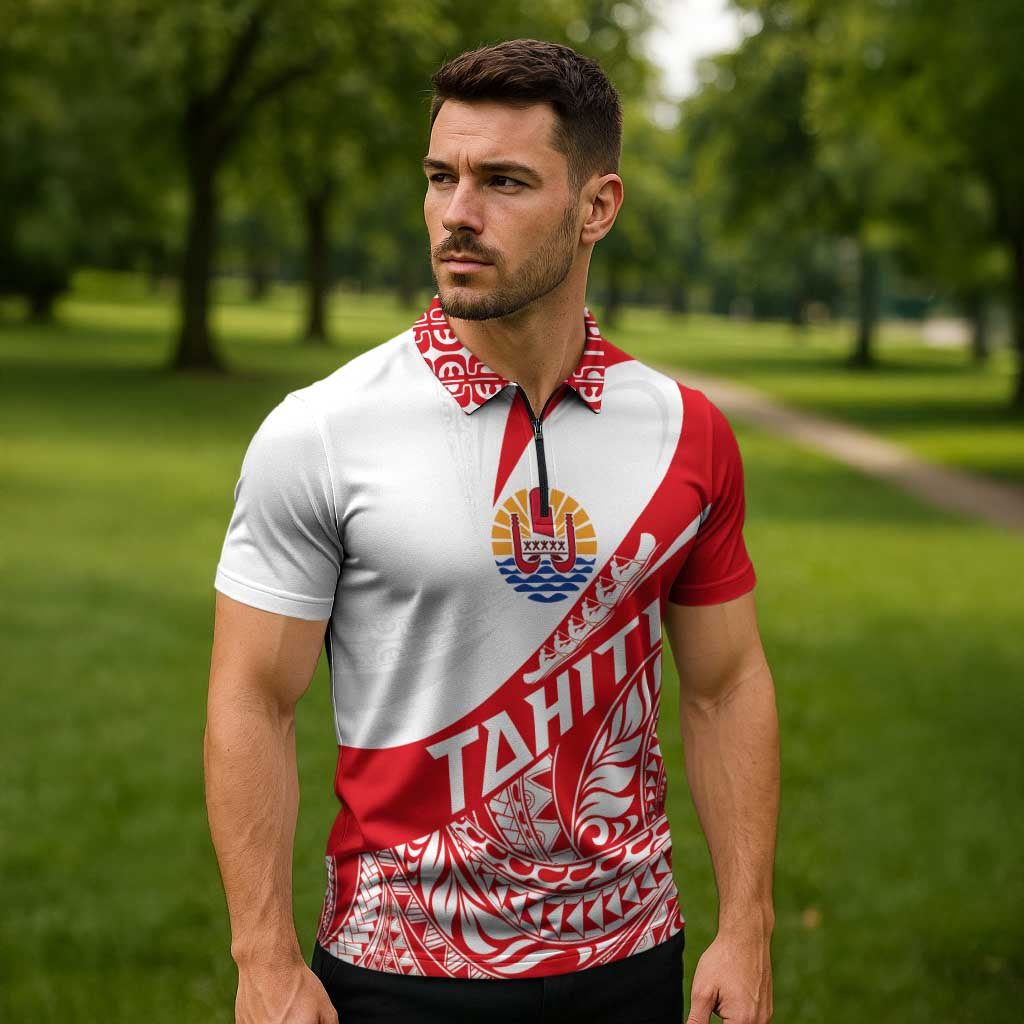 Personalised Tahiti Va'a Race Zipper Polo Shirt Polynesian Tattoos Sporty Style - Polynesian Pride