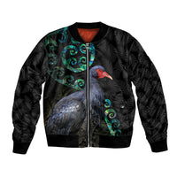 Custom Pukeko New Zealand Bomber Jacket Koru Papua Shell with Silver Fern Pattern LT03 Unisex Black - Polynesian Pride