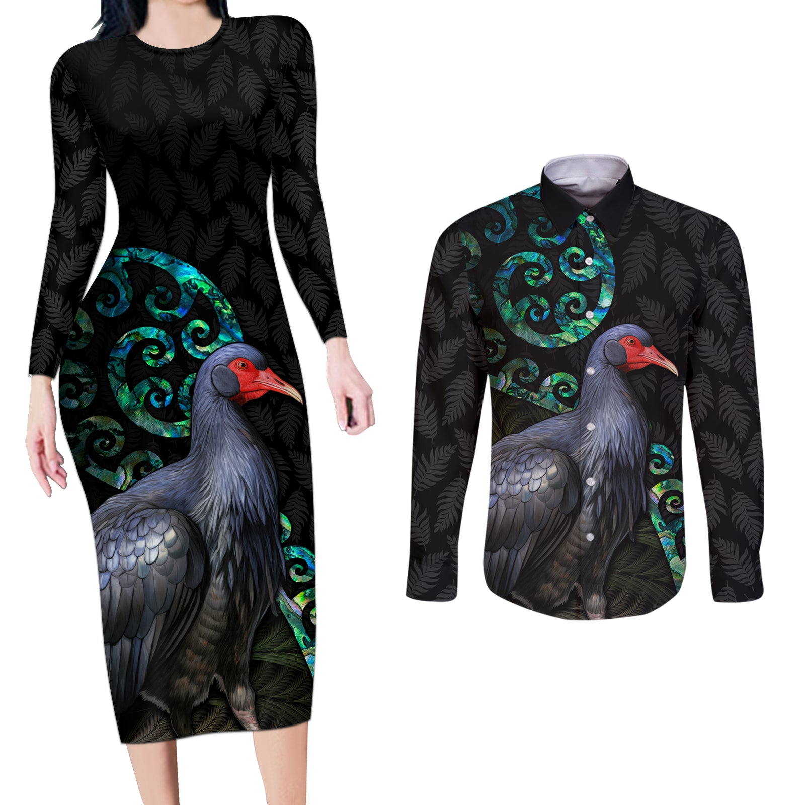 Custom Pukeko New Zealand Couples Matching Long Sleeve Bodycon Dress and Long Sleeve Button Shirt Koru Papua Shell with Silver Fern Pattern LT03 Black - Polynesian Pride