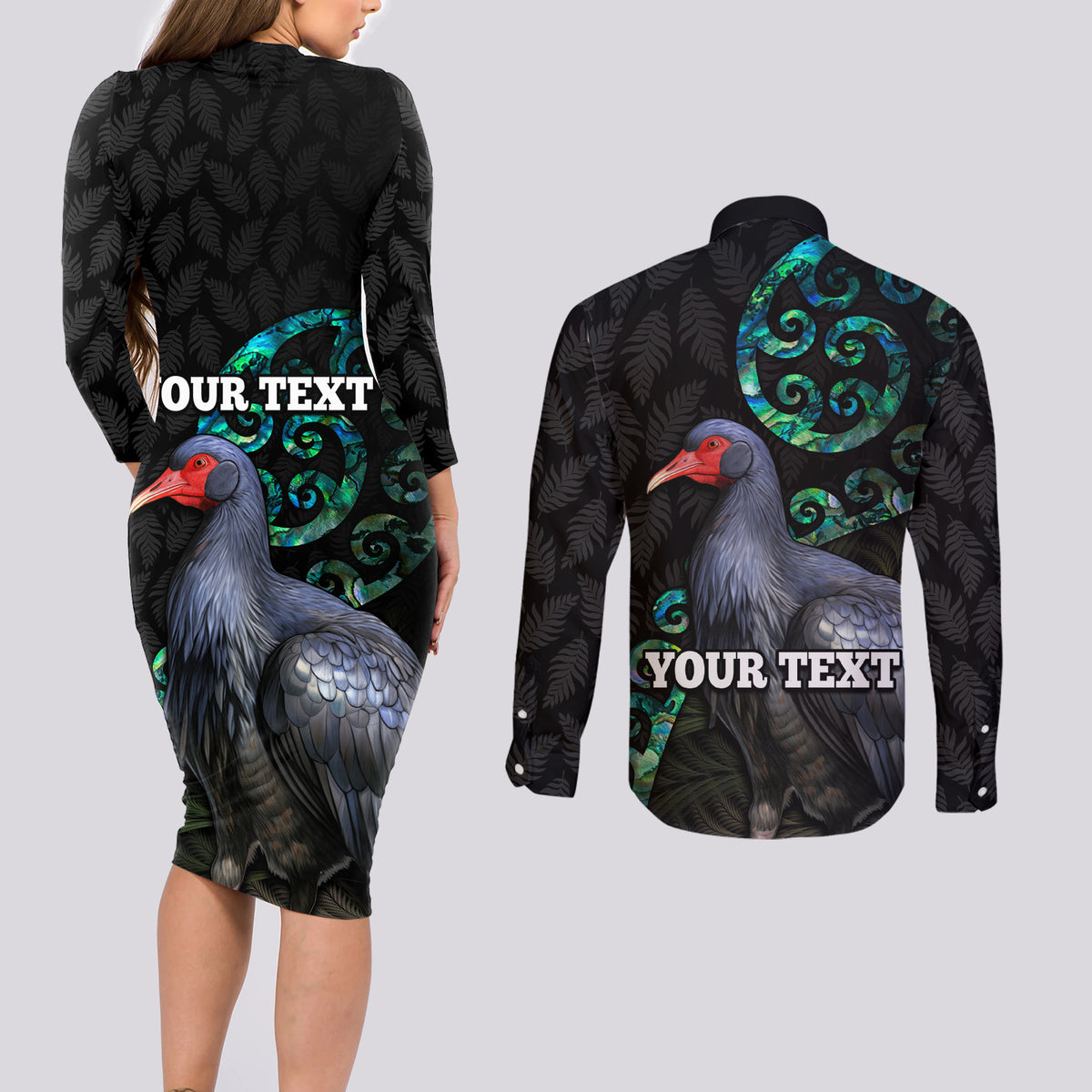 Custom Pukeko New Zealand Couples Matching Long Sleeve Bodycon Dress and Long Sleeve Button Shirt Koru Papua Shell with Silver Fern Pattern LT03 - Polynesian Pride