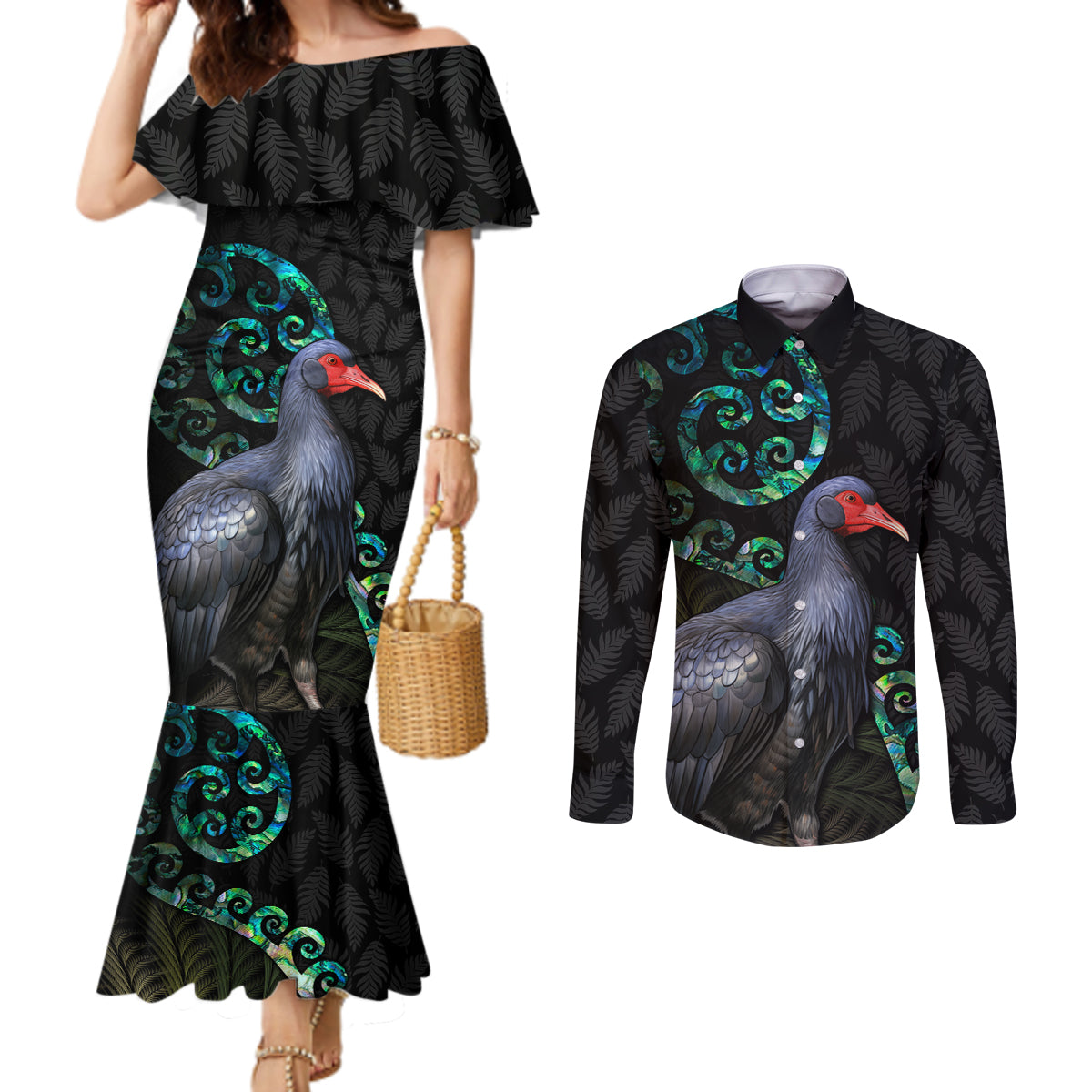Custom Pukeko New Zealand Couples Matching Mermaid Dress and Long Sleeve Button Shirt Koru Papua Shell with Silver Fern Pattern LT03 Black - Polynesian Pride