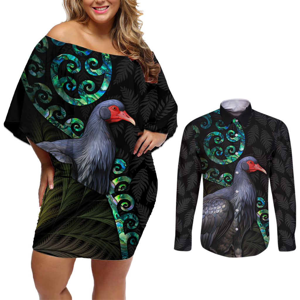 Custom Pukeko New Zealand Couples Matching Off Shoulder Short Dress and Long Sleeve Button Shirt Koru Papua Shell with Silver Fern Pattern LT03 Black - Polynesian Pride