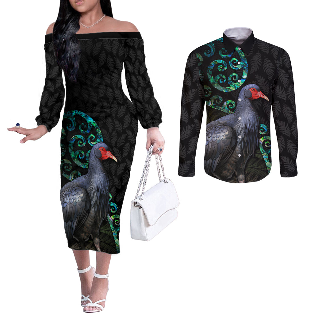 Custom Pukeko New Zealand Couples Matching Off The Shoulder Long Sleeve Dress and Long Sleeve Button Shirt Koru Papua Shell with Silver Fern Pattern LT03 Black - Polynesian Pride