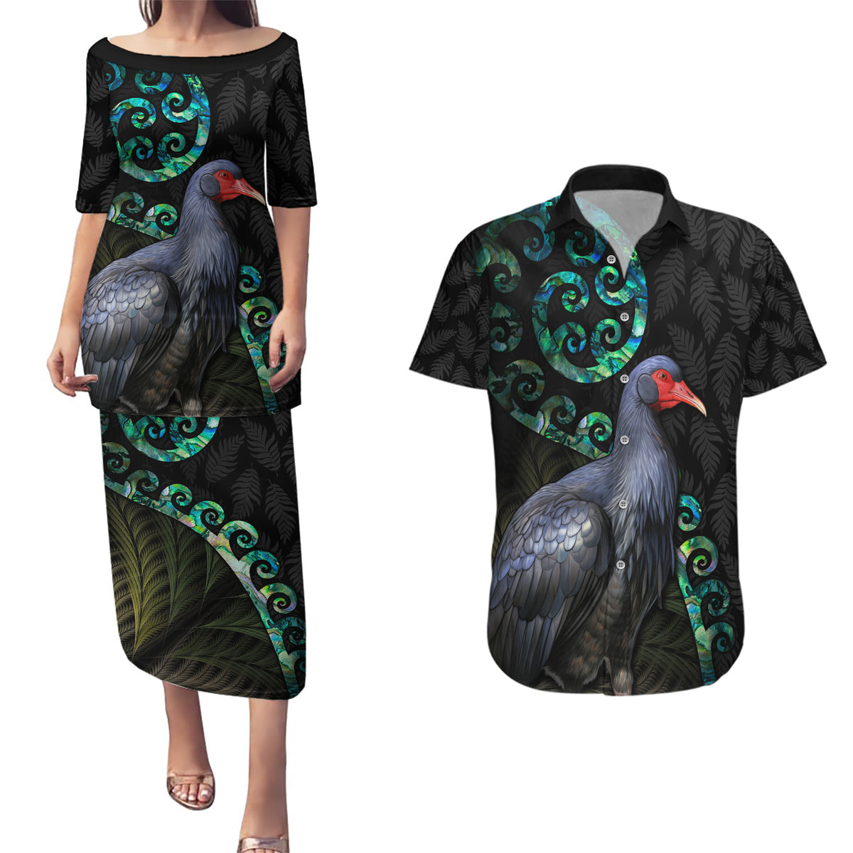 Custom Pukeko New Zealand Couples Matching Puletasi Dress and Hawaiian Shirt Koru Papua Shell with Silver Fern Pattern LT03 Black - Polynesian Pride