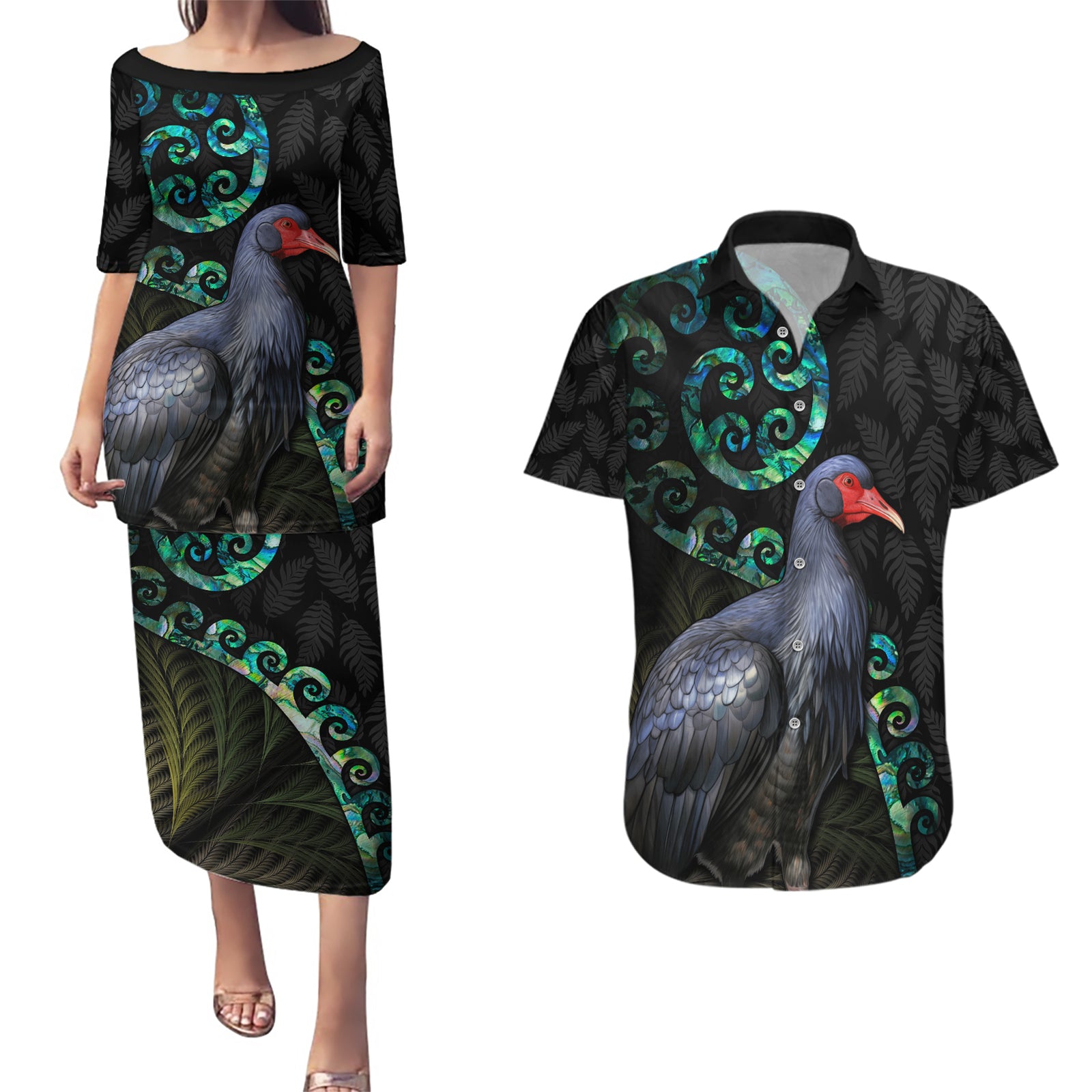 Custom Pukeko New Zealand Couples Matching Puletasi Dress and Hawaiian Shirt Koru Papua Shell with Silver Fern Pattern LT03 Black - Polynesian Pride