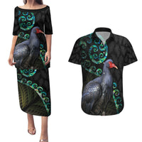 Custom Pukeko New Zealand Couples Matching Puletasi Dress and Hawaiian Shirt Koru Papua Shell with Silver Fern Pattern LT03 Black - Polynesian Pride