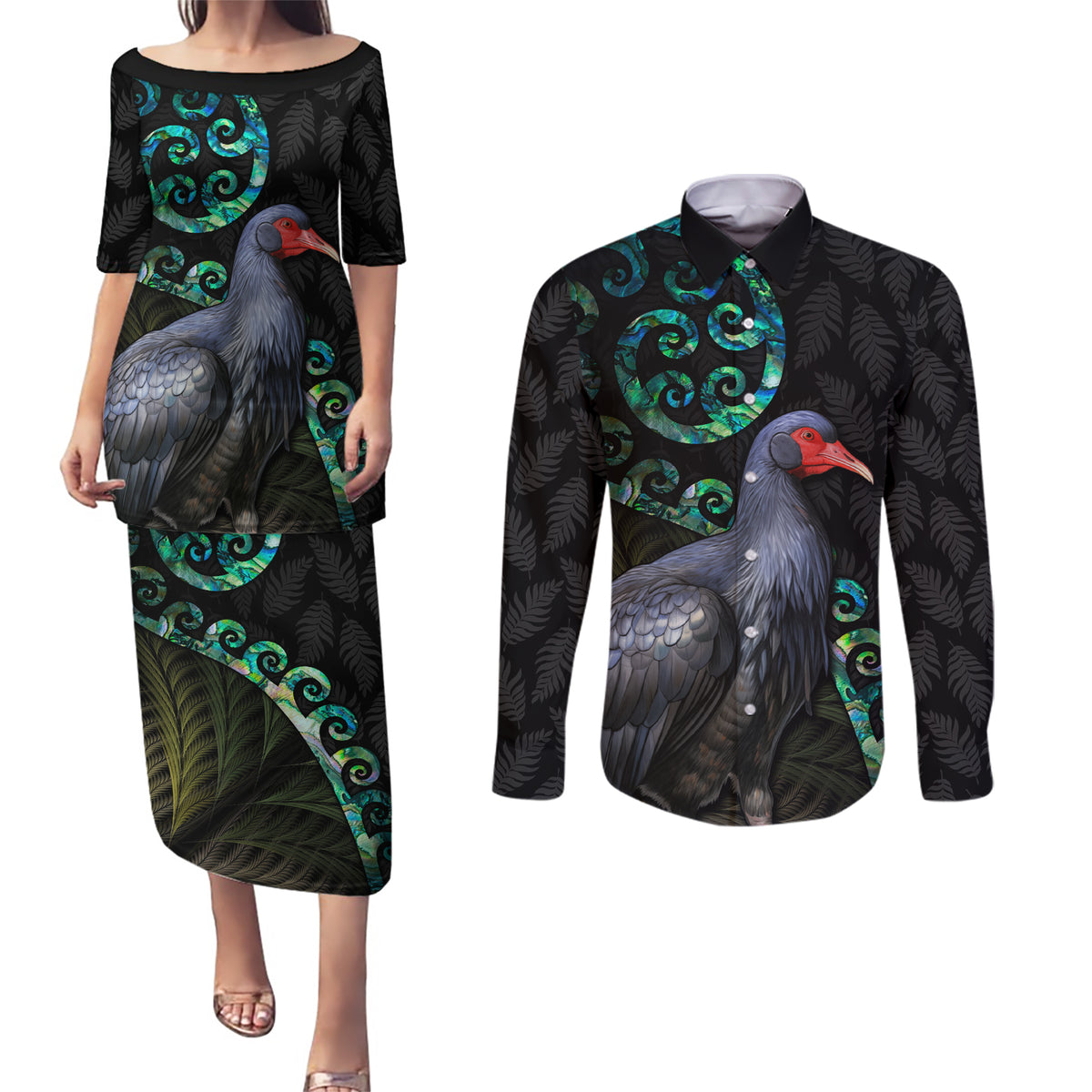 Custom Pukeko New Zealand Couples Matching Puletasi Dress and Long Sleeve Button Shirt Koru Papua Shell with Silver Fern Pattern LT03 Black - Polynesian Pride