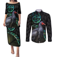 Custom Pukeko New Zealand Couples Matching Puletasi Dress and Long Sleeve Button Shirt Koru Papua Shell with Silver Fern Pattern LT03 Black - Polynesian Pride