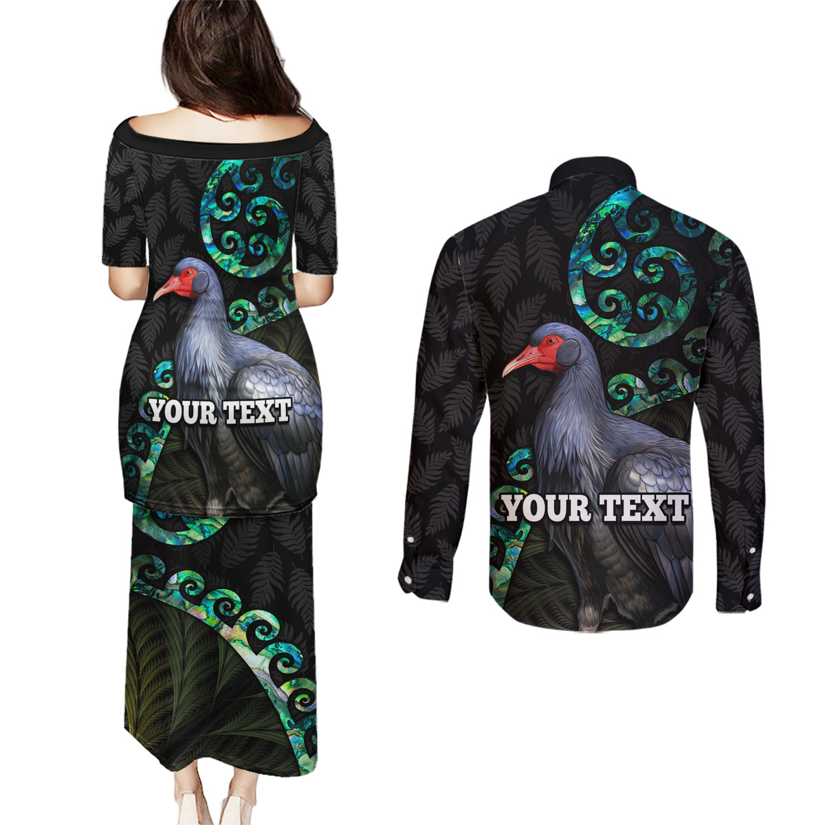 Custom Pukeko New Zealand Couples Matching Puletasi Dress and Long Sleeve Button Shirt Koru Papua Shell with Silver Fern Pattern LT03 - Polynesian Pride