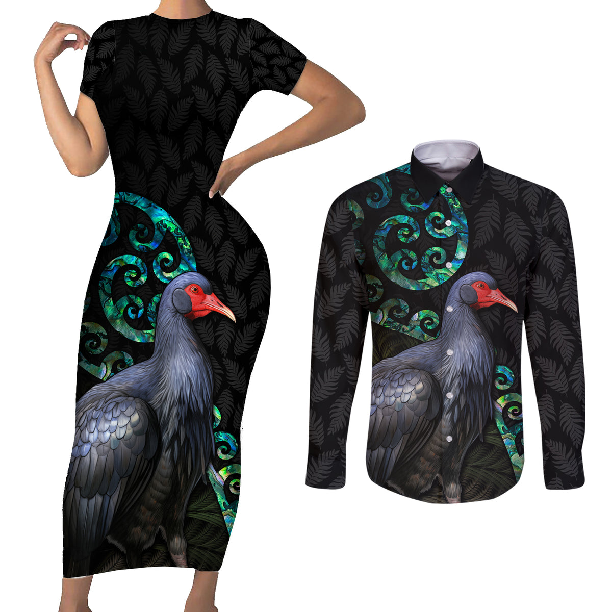 Custom Pukeko New Zealand Couples Matching Short Sleeve Bodycon Dress and Long Sleeve Button Shirt Koru Papua Shell with Silver Fern Pattern LT03 Black - Polynesian Pride