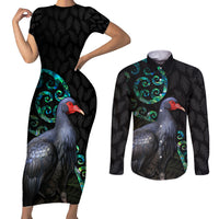 Custom Pukeko New Zealand Couples Matching Short Sleeve Bodycon Dress and Long Sleeve Button Shirt Koru Papua Shell with Silver Fern Pattern LT03 Black - Polynesian Pride