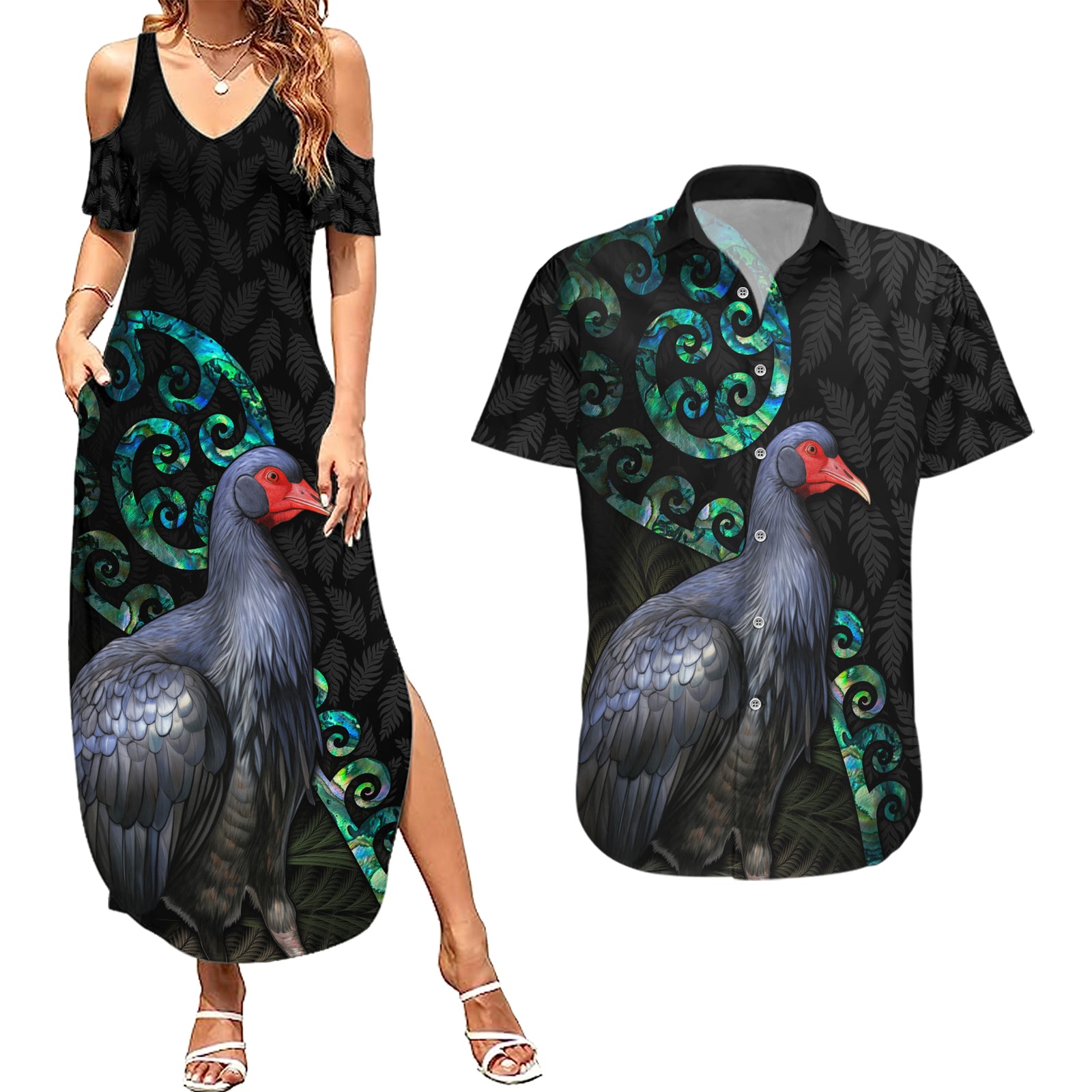 Custom Pukeko New Zealand Couples Matching Summer Maxi Dress and Hawaiian Shirt Koru Papua Shell with Silver Fern Pattern LT03 Black - Polynesian Pride