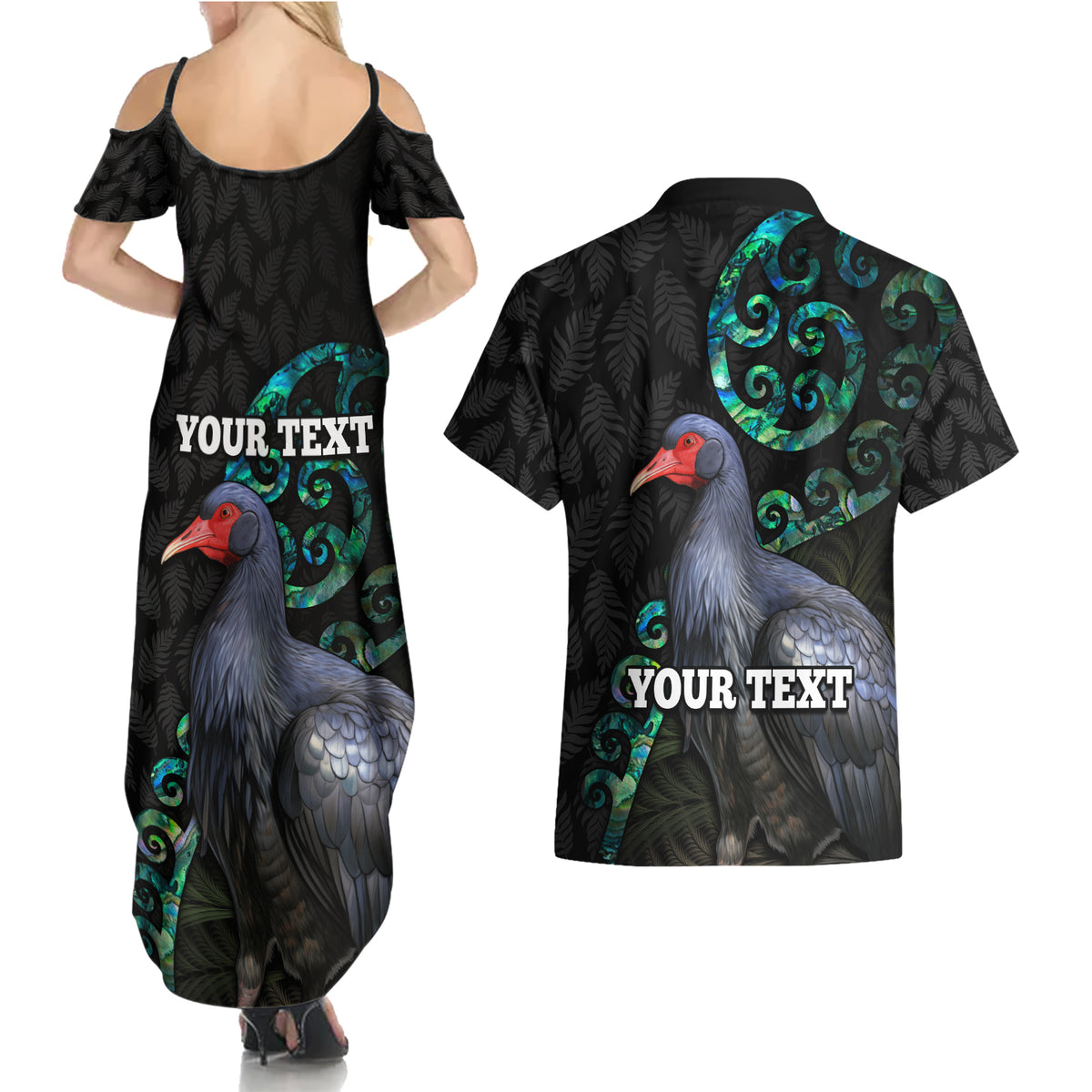 Custom Pukeko New Zealand Couples Matching Summer Maxi Dress and Hawaiian Shirt Koru Papua Shell with Silver Fern Pattern LT03 - Polynesian Pride