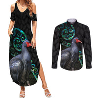 Custom Pukeko New Zealand Couples Matching Summer Maxi Dress and Long Sleeve Button Shirt Koru Papua Shell with Silver Fern Pattern LT03 Black - Polynesian Pride