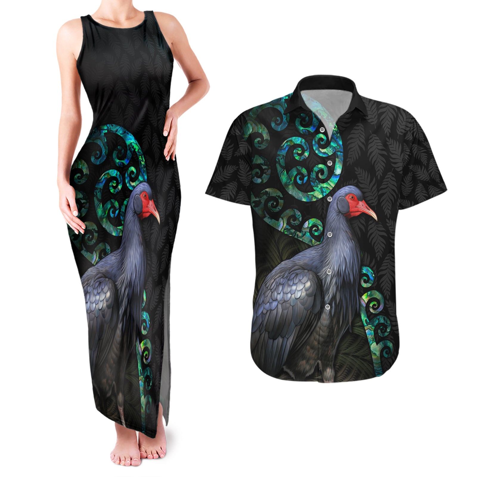 Custom Pukeko New Zealand Couples Matching Tank Maxi Dress and Hawaiian Shirt Koru Papua Shell with Silver Fern Pattern LT03 Black - Polynesian Pride