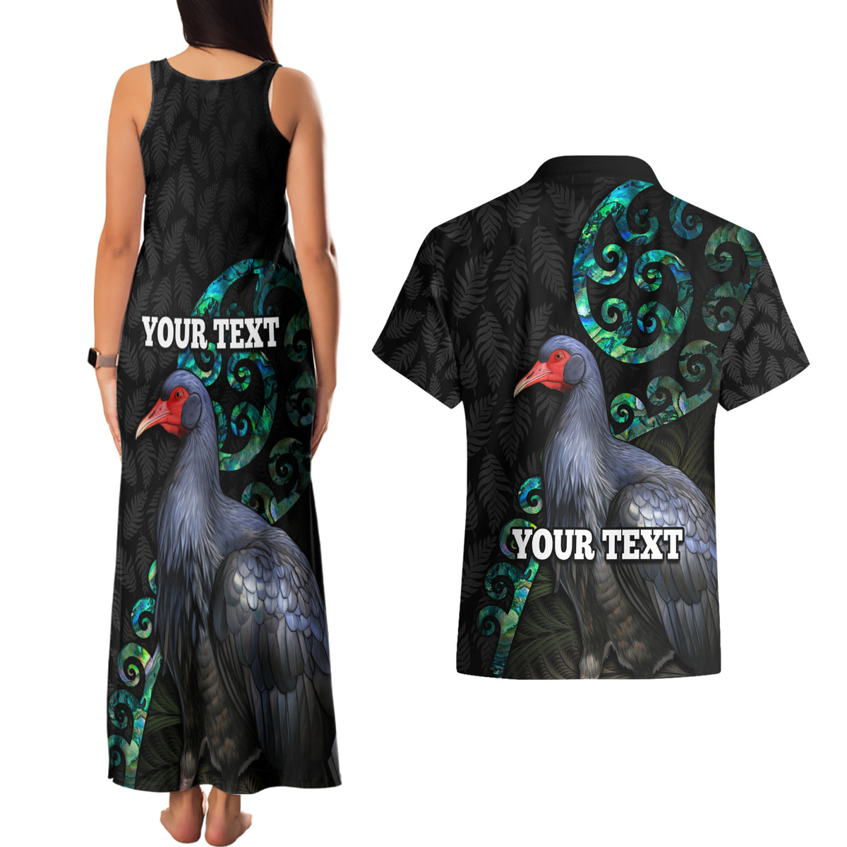 Custom Pukeko New Zealand Couples Matching Tank Maxi Dress and Hawaiian Shirt Koru Papua Shell with Silver Fern Pattern LT03 - Polynesian Pride