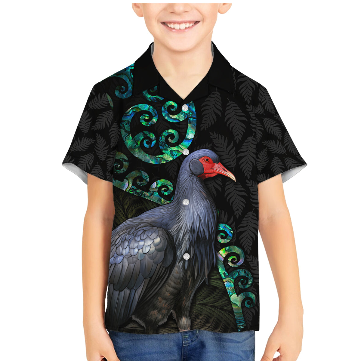 Custom Pukeko New Zealand Family Matching Mermaid Dress and Hawaiian Shirt Koru Papua Shell with Silver Fern Pattern LT03 Son's Shirt Black - Polynesian Pride
