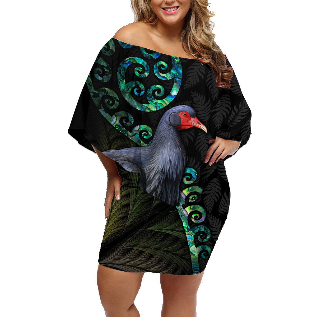 Custom Pukeko New Zealand Family Matching Off Shoulder Short Dress and Hawaiian Shirt Koru Papua Shell with Silver Fern Pattern LT03 Mom's Dress Black - Polynesian Pride