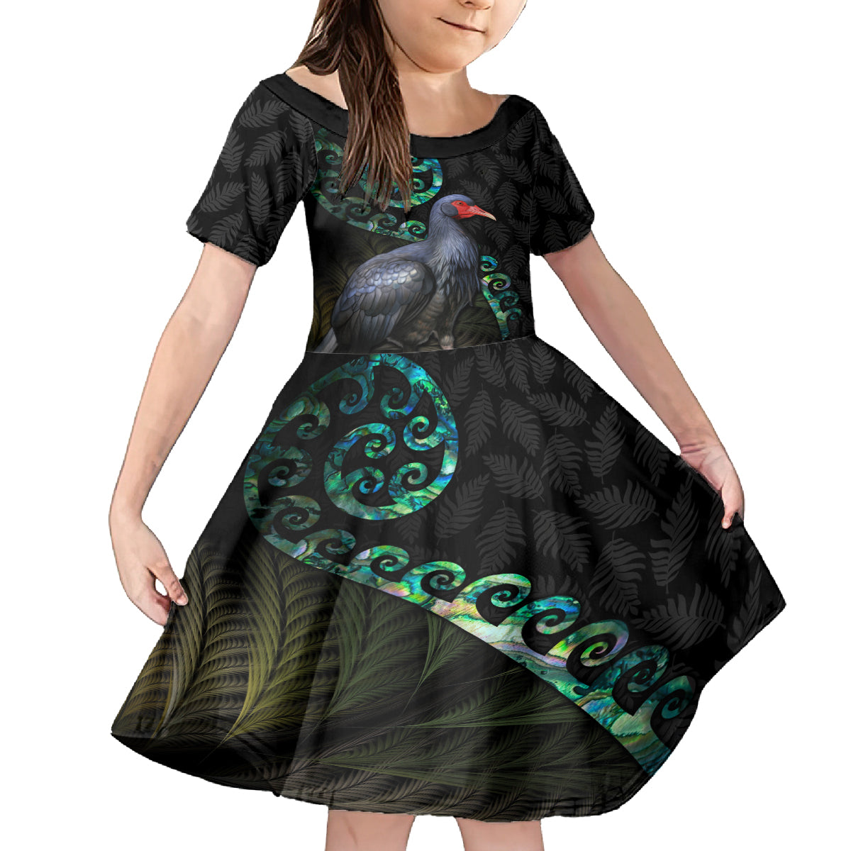 Custom Pukeko New Zealand Family Matching Tank Maxi Dress and Hawaiian Shirt Koru Papua Shell with Silver Fern Pattern LT03 Daughter's Dress Black - Polynesian Pride