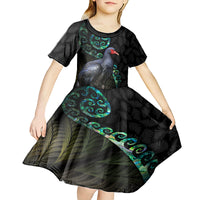 Custom Pukeko New Zealand Kid Short Sleeve Dress Koru Papua Shell with Silver Fern Pattern LT03 - Polynesian Pride