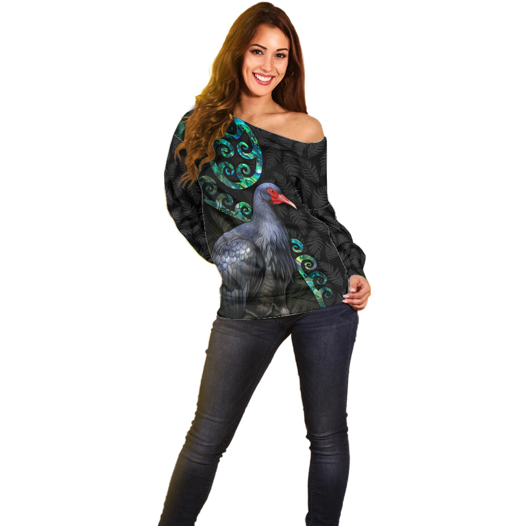 Custom Pukeko New Zealand Off Shoulder Sweater Koru Papua Shell with Silver Fern Pattern LT03 - Polynesian Pride