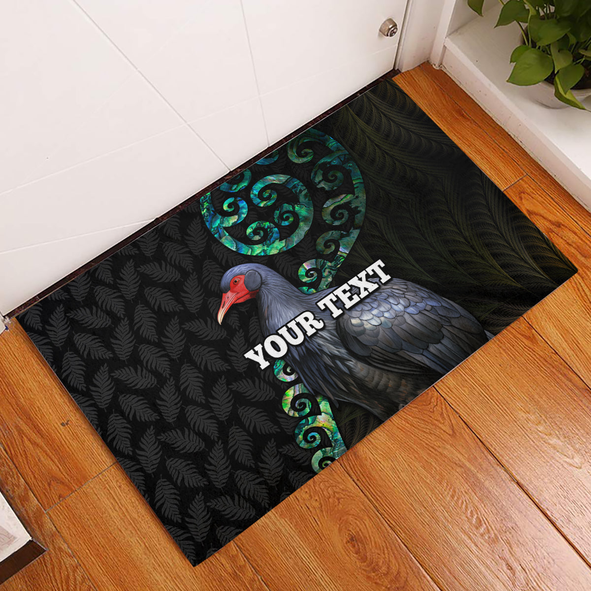 Custom Pukeko New Zealand Rubber Doormat Koru Papua Shell with Silver Fern Pattern LT03 Black - Polynesian Pride